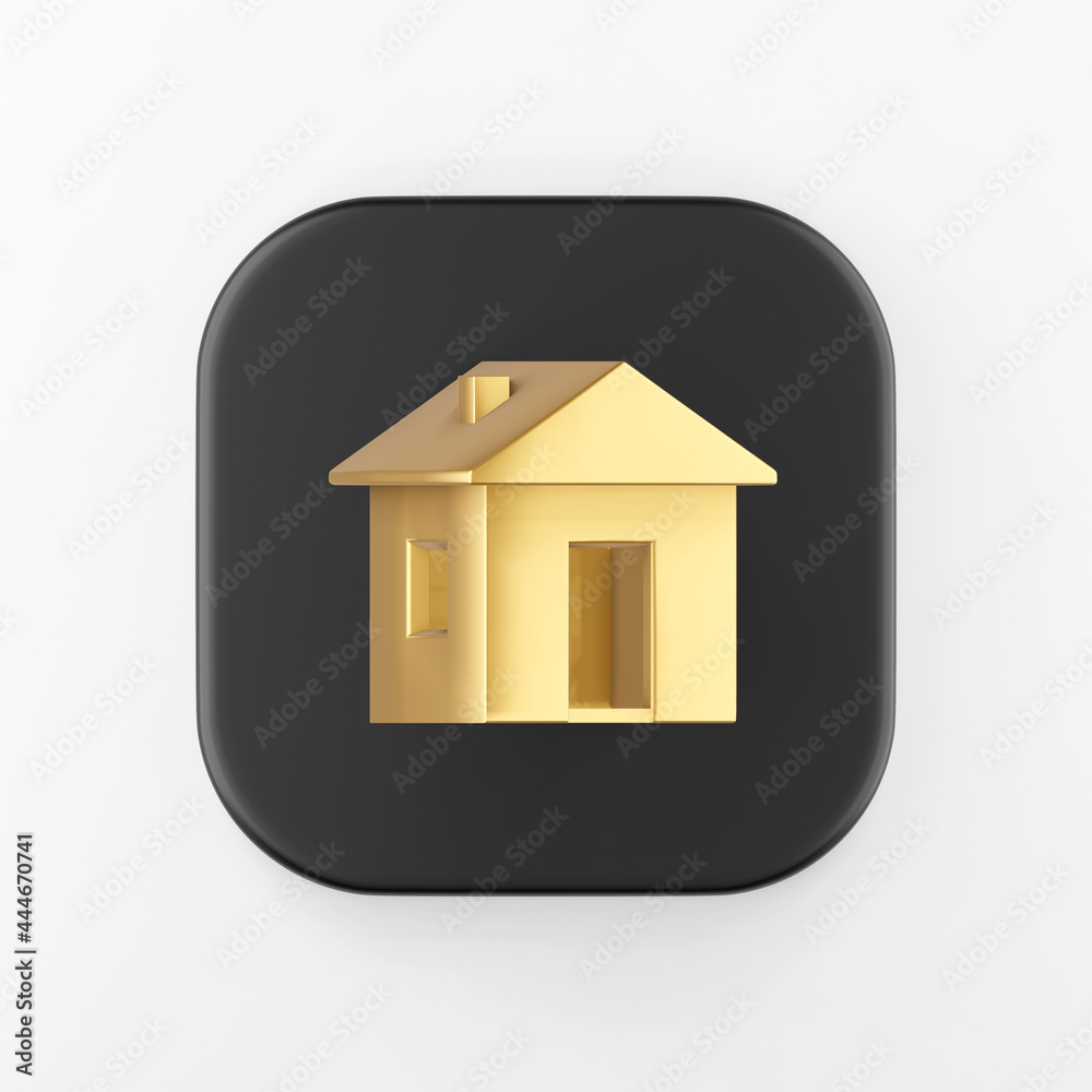 Poster golden house icon. 3d rendering black square key button, interface ui ux element.