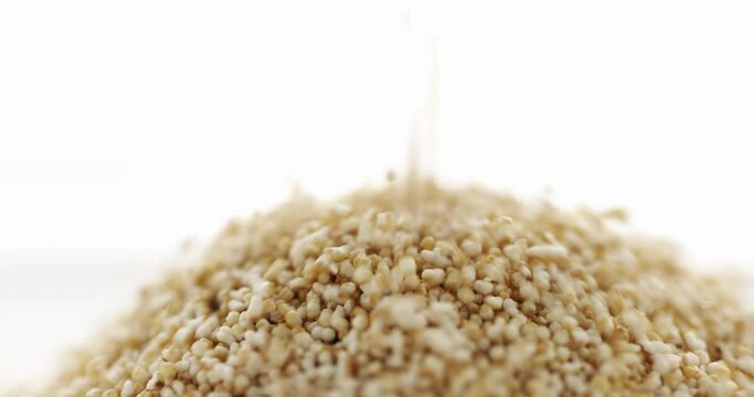 Closeup amaranth groats falling, isolated on white background. Slow motion. Food background. 