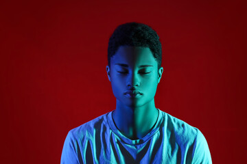 Portrait of African-American teenage boy on color background