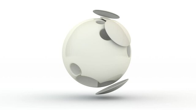 Loop 3d animation of a white sphere with flaws and round flat elements flying around the sphere. Abstract composition of white color on a white background.