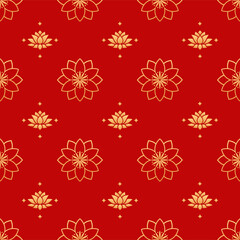 Naklejka na ściany i meble Lotus seamless vector pattern. Chinese floral seamless pattern. Gold silhouettes of lotus leafs and flowers on red background. Floral, oriental, japanese, asian vector background. Print texture.