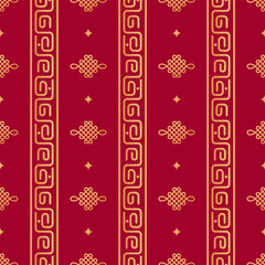 Chinese geometric seamless vector pattern. Chinese nodal seamless pattern. Gold oriental columns with a curving ornament, knots on red background. Japanese, asian background. Print texture.