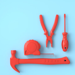 Top view of monochrome construction tools for repair on blue and red