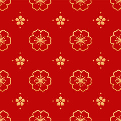 Sakura seamless vector pattern. Chinese floral seamless pattern. Gold silhouettes of oriental cherry leafs and flowers on red background. Oriental, japanese, asian vector background. Print texture.