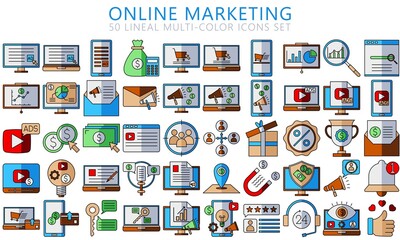 Online marketing lineal multi color icons set, contain such as computer, handphone, diagram, finance symbol, offers. Used for modern concepts, web, and applications. EPS 10 ready to convert to SVG