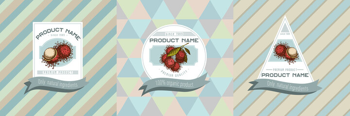 Three colored labels with illustration of rambutan