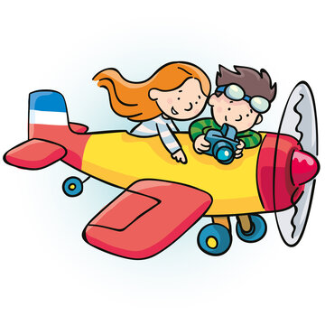 children fly in a yellow plane and take photos