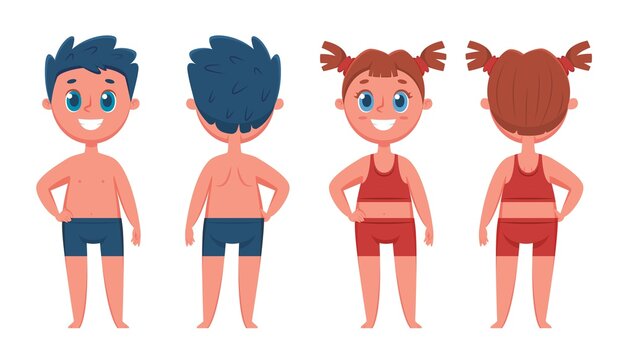 Boy and girl. Happy kids from front and back views. Cartoon children in underwear or swimsuit. Child human body template for education vector set. Elementary school or preschool learning