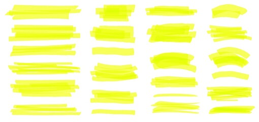 Fototapeta na wymiar Highlighter line. Yellow marker strokes, lines, frames. Hand drawn highlighters pens scribble, text highlight or underline vector set. Bright permanent elements isolated on white collection