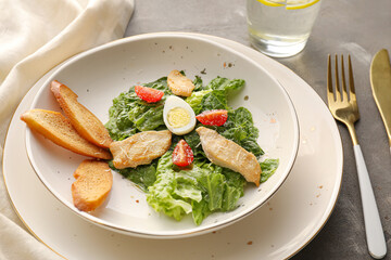Plate with tasty Caesar salad on grunge background, closeup
