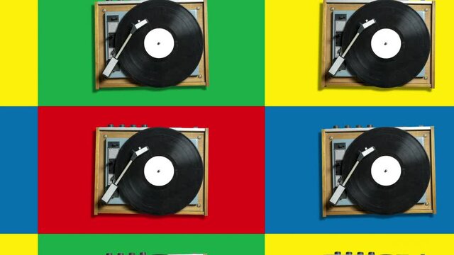 On a multicolored background, plates on vintage turntables. A seamless looped music concept is animated.
