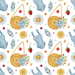 Seamless watercolor pattern with flip flop, summer bag, bikini, flower and berry on light background. Bright summer illustration. Ideal for postcards, greeting cards, wrapping and other design.