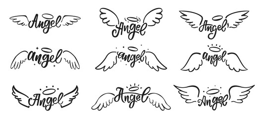 Hand drawn angel wings doodles. Holy angelic wing feathers tattoo with lettering. Magical bird wings with halo outline sketch vector set. Flying fantasy creature with nimbus isolated on white