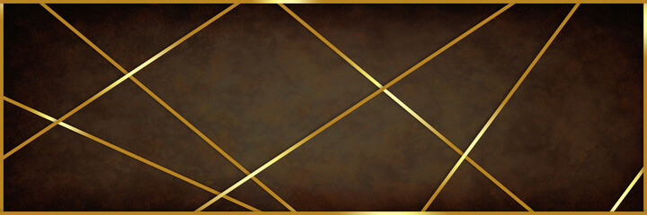 Abstract brown background texture with gold design element, fancy elegant gold and brown geometric pattern, brown vintage leather illustration with metal gold stripe decoration in angle grid design