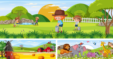 Set of outdoor panoramic landscape with cartoon character