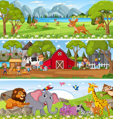 Different nature landscape at daytime scene with cartoon character