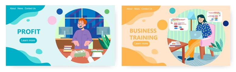 Profit landing page design, website banner vector template set. Business growth training online course.