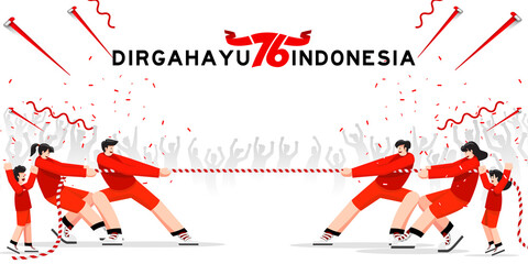 Indonesia traditional special games during independence day, Family, kids tug of war together with joy