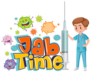 A doctor holding vaccine syringe with Jab Time font logo