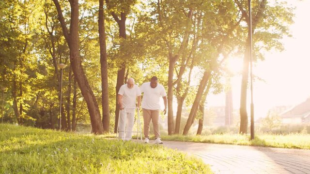 African-American caregiver is teaching disabled old man to walk with walker. Professional nurse and handicapped patient in the park. Assistance, rehabilitation and health care. Golden hour sunset.