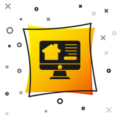 Black Online real estate house on monitor icon isolated on white background. Home loan concept, rent, buy, buying a property. Yellow square button. Vector