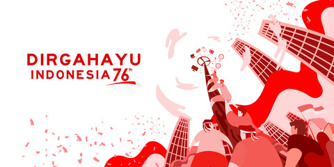 Indonesia independence day 17 august with traditional games concept illustration. 76 tahun kemerdekaan indonesia translates to 76 years Indonesia independence day