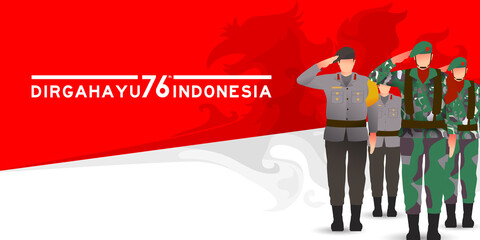 Army and Police Celebrating Happy Independence Day Indonesia together. 76 tahun kemerdekaan indonesia translates to 76 years Indonesia independence day