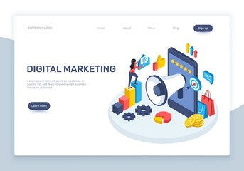 Isometric digital marketing. Social media advertising concept with speaker, smartphone, graphs. Online marketing strategies vector landing page. Content strategy and management website