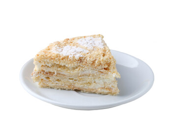 Close up Piece of  cake at   plate isolated on white