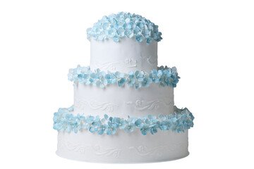 Big wedding  blue cake decorated by flowers isolated on white