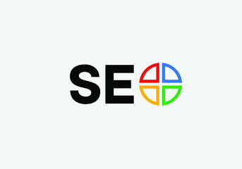 SEO multi color flat logo with magnifying glass and arrow

