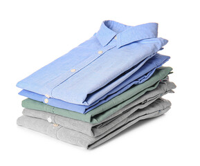 Stack of male shirts on white background