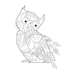 Contour linear illustration with bird for coloring book. Cute owl, anti stress picture. Line art design for adult or kids  in zentangle style and coloring page.