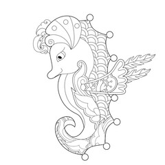 Contour linear illustration with sea horse for coloring book. Cute seahorse, anti stress picture. Line art design for adult or kids  in zentangle style and coloring page.