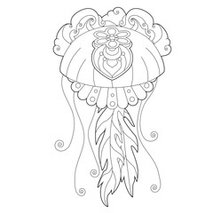 Contour linear illustration with jellyfish for coloring book. Cute jelly fish, anti stress picture. Line art design for adult or kids  in zentangle style and coloring page.