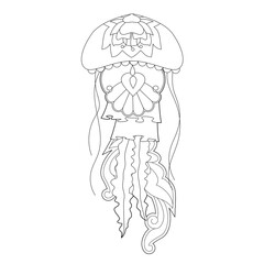 Contour linear illustration with jellyfish for coloring book. Cute jelly fish, anti stress picture. Line art design for adult or kids  in zentangle style and coloring page.