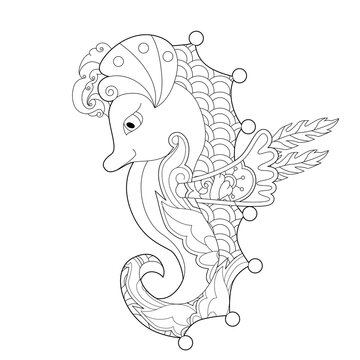 Contour linear illustration with sea horse for coloring book. Cute seahorse, anti stress picture. Line art design for adult or kids  in zentangle style and coloring page.