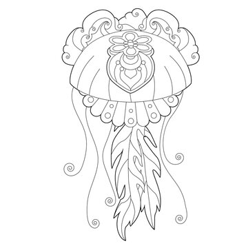 Contour linear illustration with jellyfish for coloring book. Cute jelly fish, anti stress picture. Line art design for adult or kids  in zentangle style and coloring page.