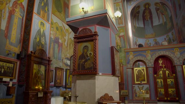A 12th-century Georgian Orthodox church, View from inside of the incredible art of the Lurji Monastery, or "Blue Church", in Tbilisi Georgia.