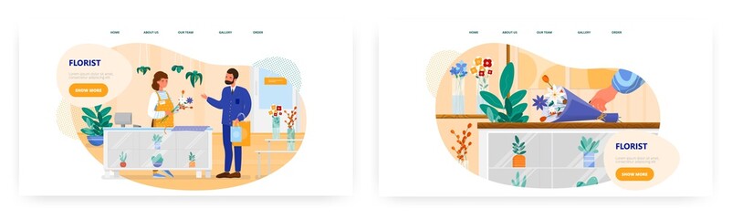 Florist designer landing page design, website banner vector template set. Woman making bouquet of flowers for customer.