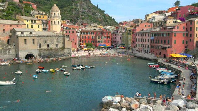 Aerial 4K footage of Vernazza, Cinque Terre in Italy.