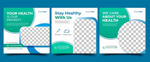 Medical social media post template design collection. Usable for social media, banner, and website.