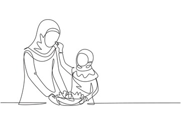 Single continuous line drawing Arabian mother feeds her daughter food and in front of her is bowl filled with salad. Cooking together in cozy kitchen. One line draw graphic design vector illustration