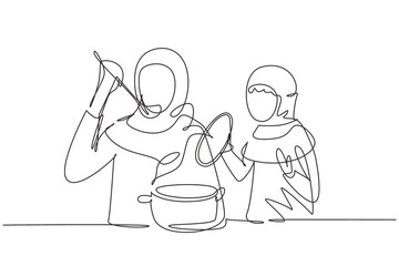 Single one line drawing Arabian daughter holding pan lid and her beautiful mom tasting food using cooking spoon. Cooking together in kitchen. Continuous line draw design graphic vector illustration