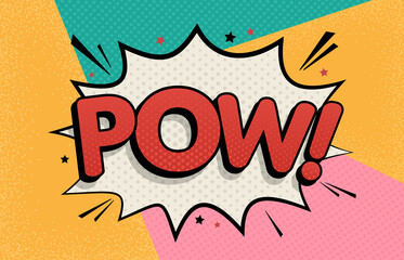 Pow. Comic text sound effect. Abstract background in pop art style. Vector bright cartoon message.