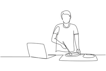 Single continuous line drawing man cooking dinner has video call conversation in kitchen. Male talking with friend using application on laptop. Dynamic one line draw graphic design vector illustration