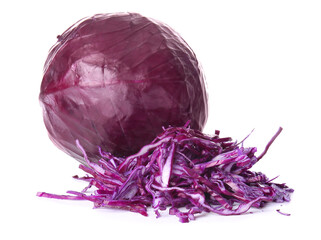 Cut fresh purple cabbage on white background
