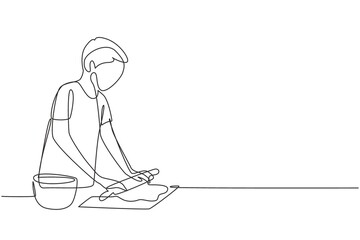 Single continuous line drawing young man making cookie dough using rolling pin at cozy kitchen table. Making bakery and homemade pizza at home. Dynamic one line draw graphic design vector illustration