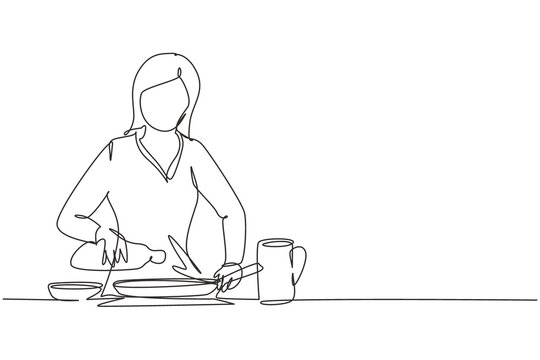 Continuous one line drawing beautiful woman pouring cooking oil from bottle into frying pan on stove. Prepare food at cozy kitchen. Cooking at home. Single line draw design vector graphic illustration