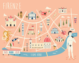 Illustrated map of Florence with famous symbols, landmarks, buildings - obrazy, fototapety, plakaty